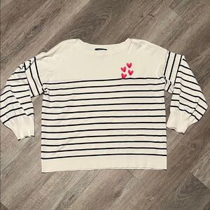 Cable & Gauge White and Black Striped Sweater with Pink Heart Details